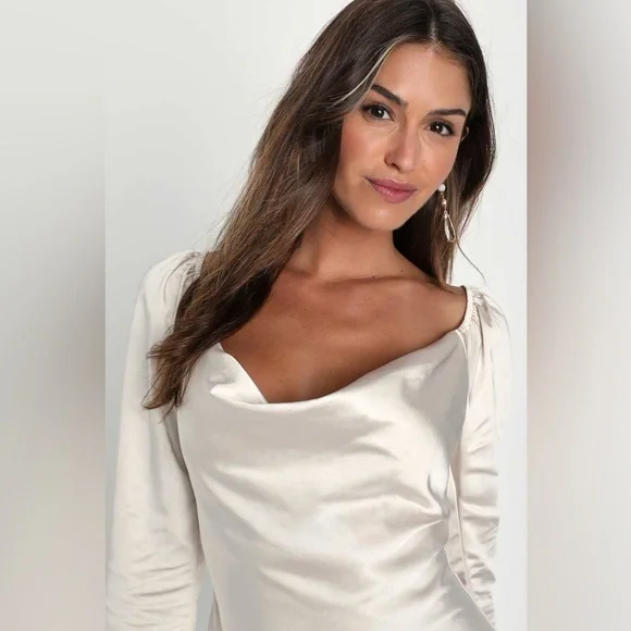 Lulus Sensational Fate Champagne Satin Cowl Neck Mini Dress - Picture 5 of 9